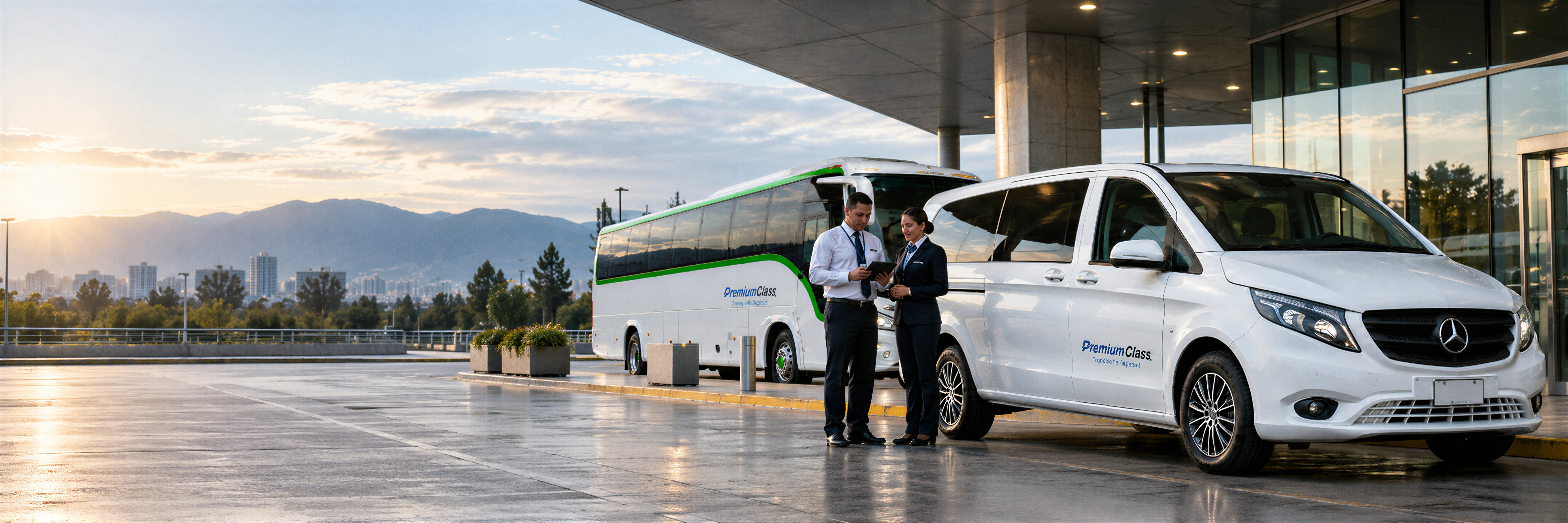 Equipo operativo Premium Class coordinando vehículos en una terminal corporativa